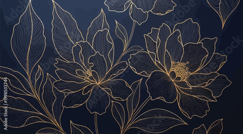 Golden floral line art on dark blue background