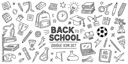 Hand drawn school doodle line icons collection with editable stroke, featuring education elements isolated on white background for design use.