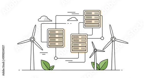 Linear illustration of a green data center featuring three server racks connected by network lines, powered by three wind turbines with green leaves on a white background.