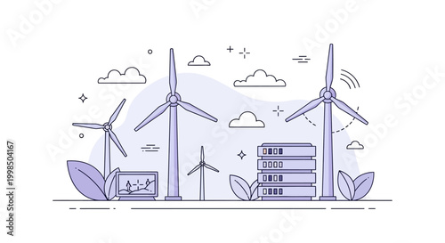 Flat line art illustration featuring wind turbines and data center server racks with stylized leaves and clouds, depicting sustainable energy and eco-friendly digital infrastructure.