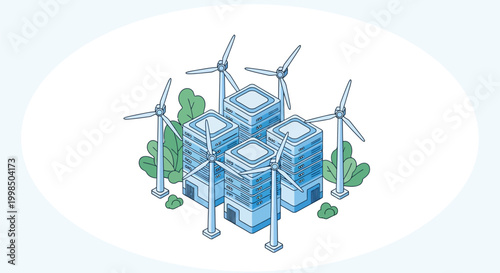 Isometric vector illustration of a green data center featuring four blue server racks integrated with five wind turbines and stylized green foliage on a white background.