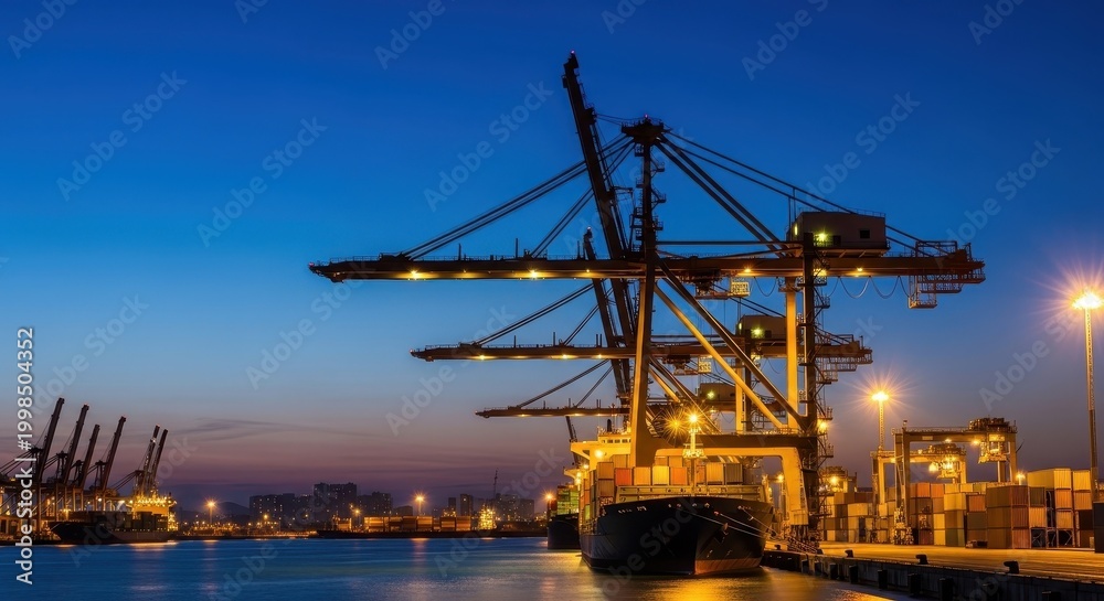 Fototapeta premium Nighttime Cargo Port with Cranes and Containers under Blue Sky