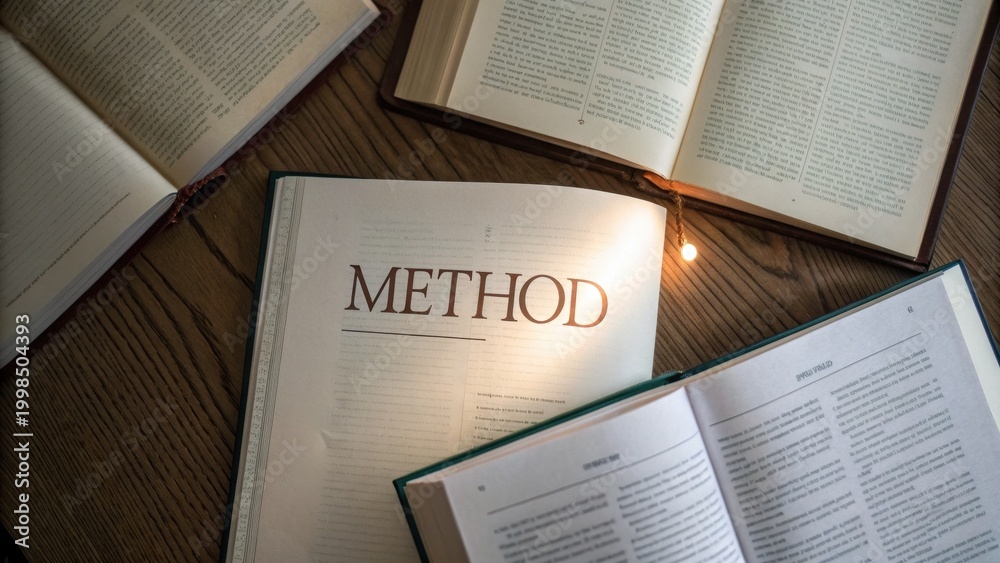 Fototapeta premium Open Books on Wooden Table with Focus on Word Method