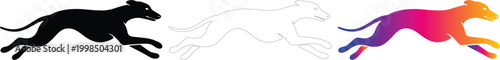 Running Greyhound Vector Set: Racing Dog Silhouettes in Black, Line Art, and Color Gradient