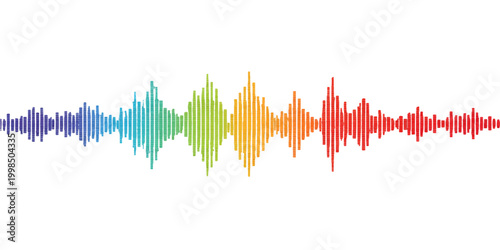 A vibrant vector illustration features abstract colorful paint splashes merging with a digital audio spectrum and glowing soundwave frequency lines to create a modern technology design