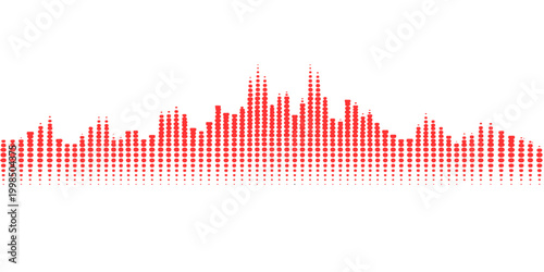 Abstract red music background featuring a digital audio wave equalizer illustration with glowing light pulses and technology frequency lines for modern radio and disco sound design