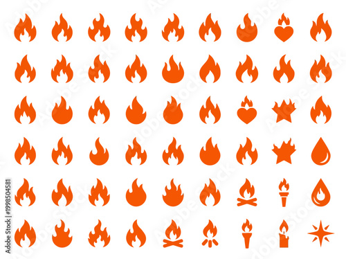Set of Orange Fire and Flame Icons Vector Illustrations including Campfire Torch Candle Heart and Star Shapes