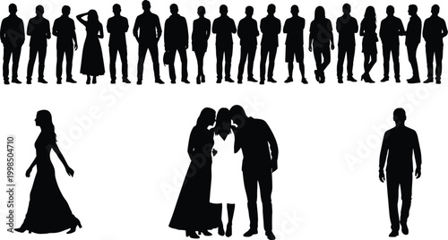 Black silhouette collection of diverse people standing, walking, and interacting in various poses emphasizing human posture and body language
