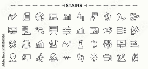 Stairs icon. Outline icons pack. Up icon set. It contains symbols to move, risk, stepping, up, stair and more.