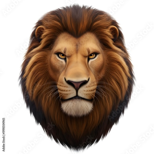 Majestic lion head portrait isolated on white background with intense gaze