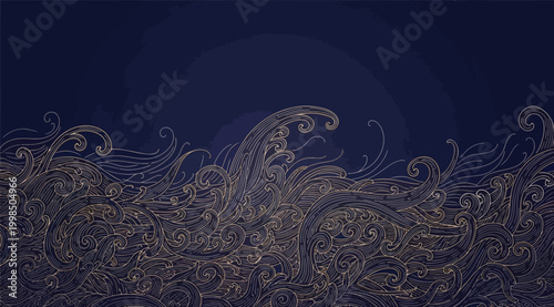 Quadro su tela Traditional japanese wave pattern background with gold line art on dark blue
