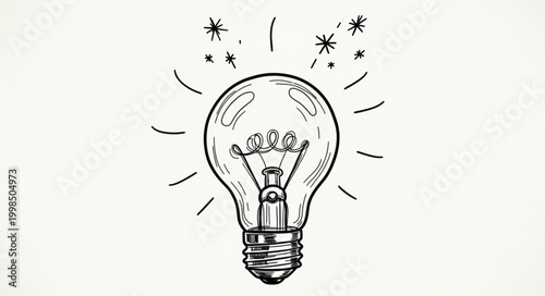 Hand drawn light bulb with glowing sparks symbolizing a bright idea.
