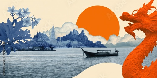 Long tail boat crossing coastal temple scene with dragon