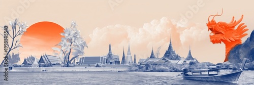 Riverside temple skyline with long tail boat at dawn