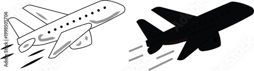 Vector illustration of a black and white cartoon airplane in abstract space background with transport icons