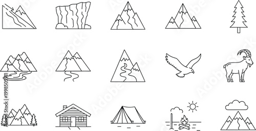 Collection of hand drawn mountain and outdoor adventure icons in a minimalist line art style