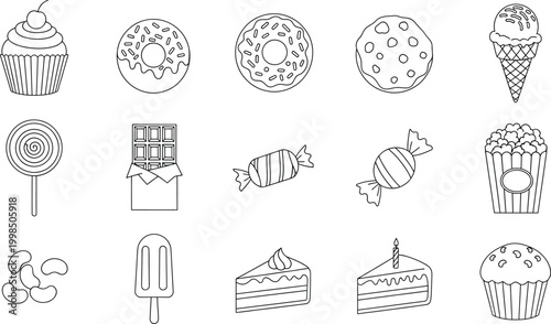 Hand-drawn sketches of various sweets including donuts, cupcakes, candy, and ice cream.