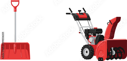Red Snow Shovel and Snowblower for Snow Removal in Vector Illustration"