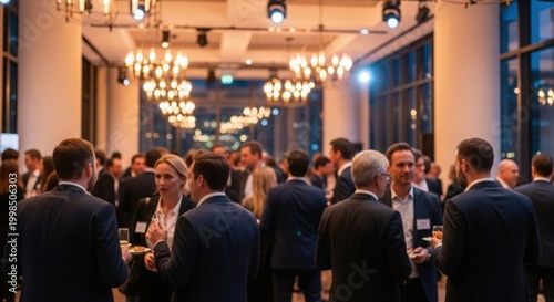 Corporate professionals networking during evening formal gala event.