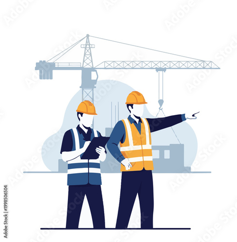 Two construction workers with crane Vector