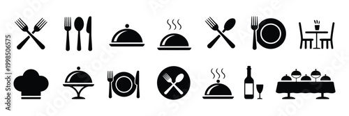 Restaurant Catering icon collection featuring cutlery, plate, cloche, tray, chef hat, beverage and waiter, ideal for food service and dining design.