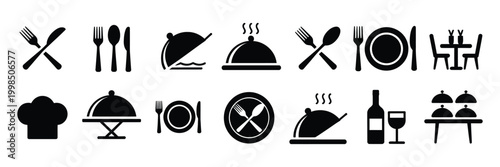 Restaurant Catering icon collection featuring cutlery, plate, cloche, tray, chef hat, beverage and waiter, ideal for food service and dining design.