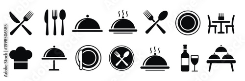 Restaurant Catering icon collection featuring cutlery, plate, cloche, tray, chef hat, beverage and waiter, ideal for food service and dining design.