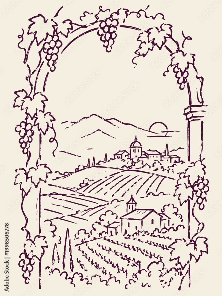 Fototapeta premium Vineyard landscape with grape arch sketch vector illustration