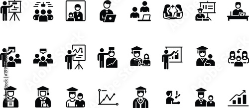 Assortment of black education and business meeting icons on white background learning teaching