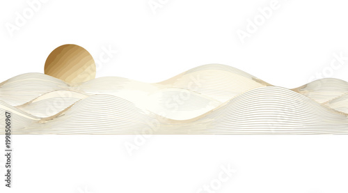 Abstract landscape with golden sun and wavy lines