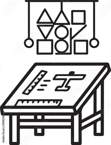 drafting table with a suspended geometric pattern