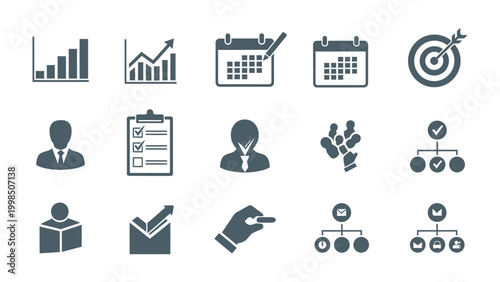 Business Icon Set: A comprehensive collection of business-related icons, each representing key concepts such as progress, planning, and goal setting, ideal for visual communication.