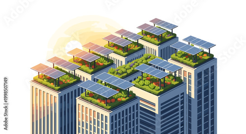Eco-friendly cityscape with green roofs and solar panels