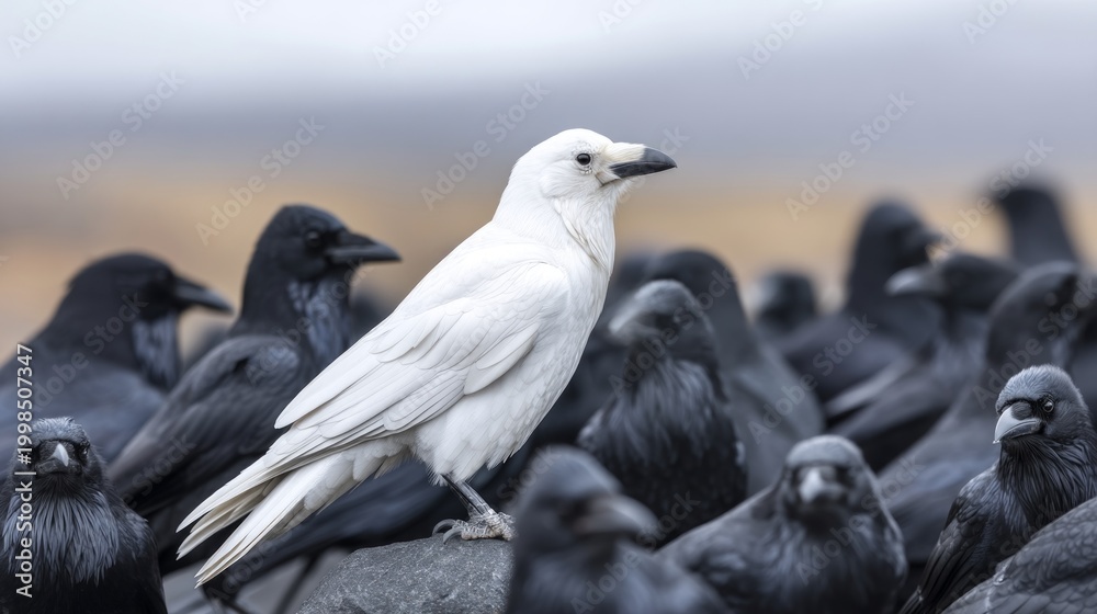 Naklejka premium White Raven Among Group of Black Ravens Perched on Rock