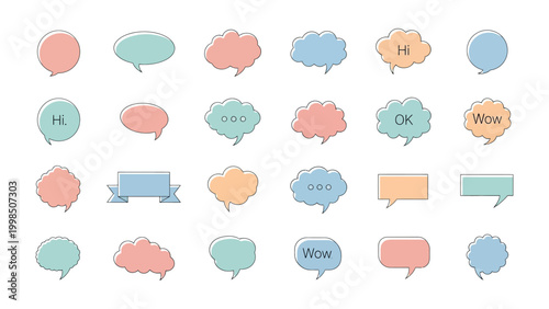 Speech Bubble Variety: A collection of various colorful speech bubbles. Each one designed to convey a range of emotions and messages, perfect for illustrating dialogue, thoughts.