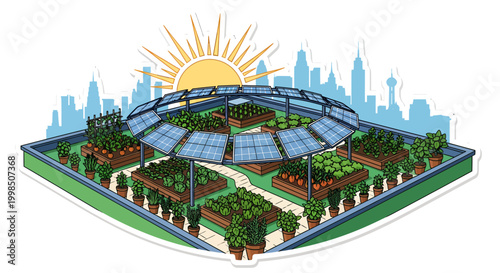 Urban Greenhouse Concept with City Skyline and Sunshine
