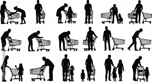 Set of people silhouettes shopping with carts, families, couples, and individuals choosing groceries at a supermarket store for marketing designs.