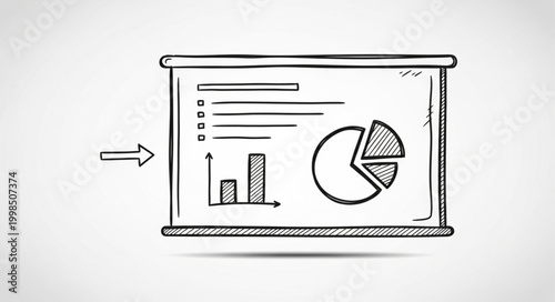 Hand drawn presentation screen with charts and graphs.
