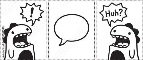 Cute dinosaur comic strip with speech bubbles isolated on a transparent background