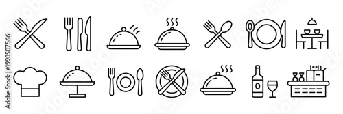 Fotografía Restaurant Catering thin line icon collection featuring cutlery, plate, cloche, tray, chef hat, beverage and waiter, editable stroke vector for food service design