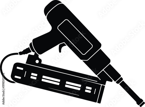 Black Silhouette of a Pneumatic Nail Gun with a Magazine on a White Background air powered tool