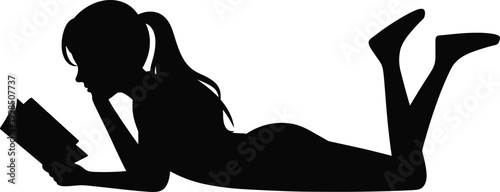 Black Silhouette of a Woman Lying Down Reading a Book with Her Hair in a Ponytail on a White Background