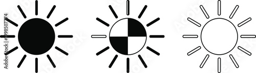Black and White Sun Icon Vector Set with Three Style Variations for Minimal Weather and UI Design