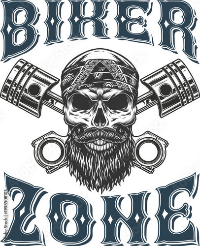 Biker skull with crossed engine pistons and bearded face tattoo design