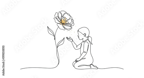 Minimal line art of child admiring flower innocence and nature concept