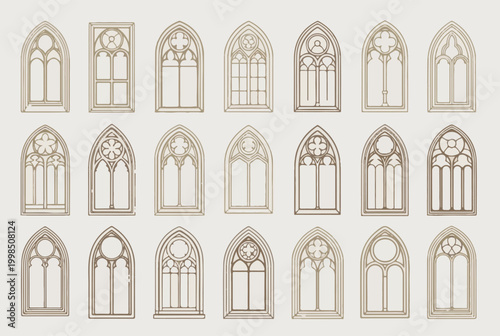 Set of Gothic Window Outlines with Elegant Medieval Arches and Decorative Tracery