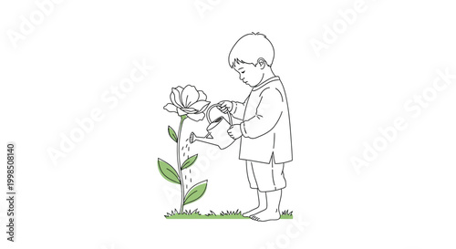 A sketch of a person tending to a small plant with care