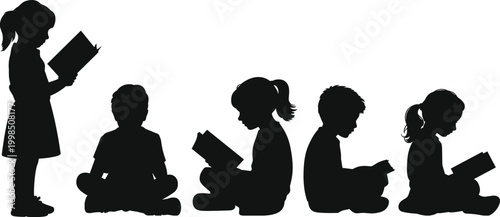 Silhouettes of Five Children Reading Books in Various Poses on a White Background kids learning