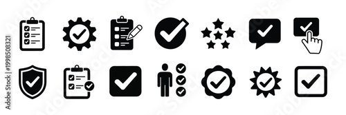 Checkmark icon set featuring tick, approve, confirm, completed and correct symbols, vector illustration for ui, exam, survey and verification concepts.