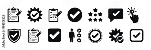 Checkmark icon set featuring tick, approve, confirm, completed and correct symbols, vector illustration for ui, exam, survey and verification concepts.
